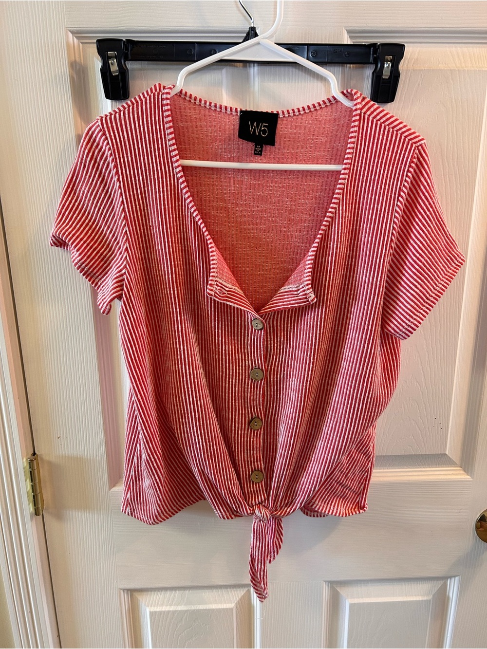 W5 Red and White Striped Button-Front Tie-Hem Top